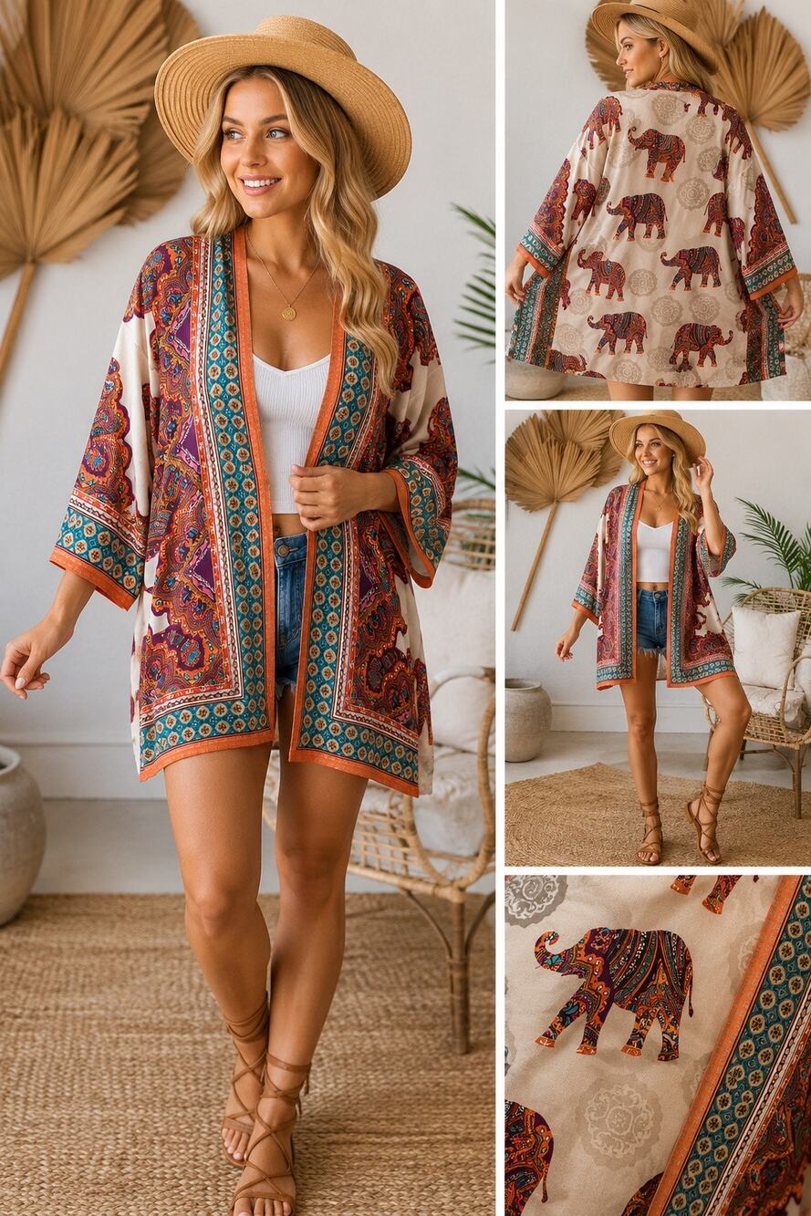 Boho Elephant Print Kimono Cardigan Open Front Paisley Festival Cover Up Large
